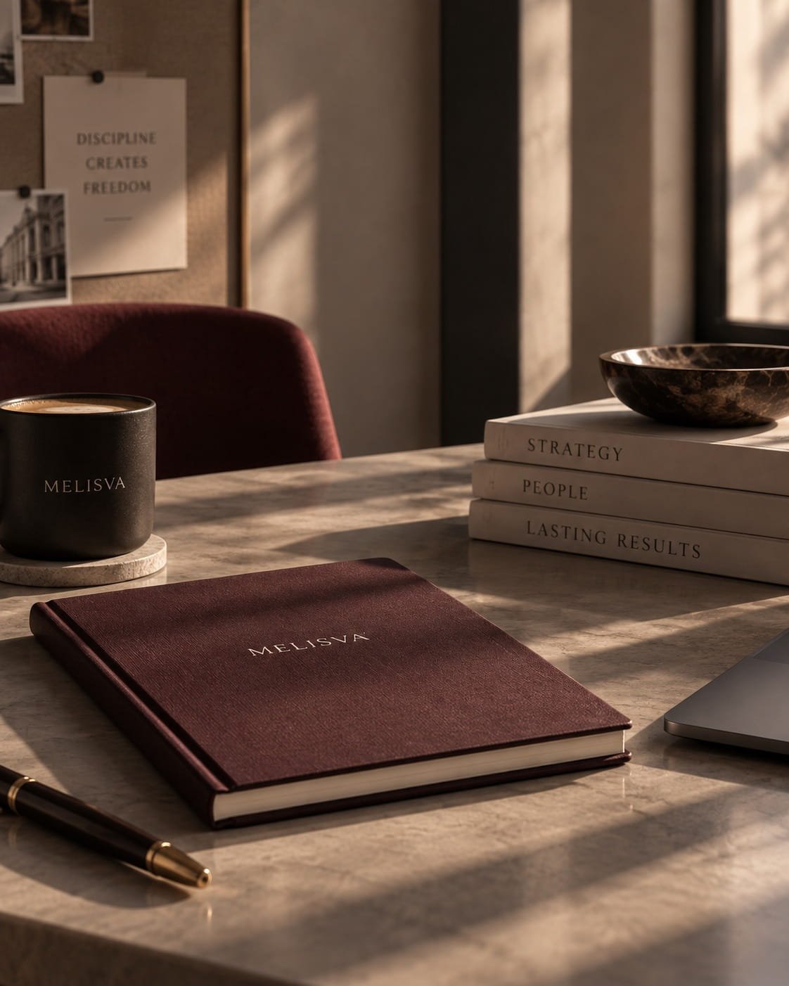 Melisva workspace with branded notebook, books, mug and laptop