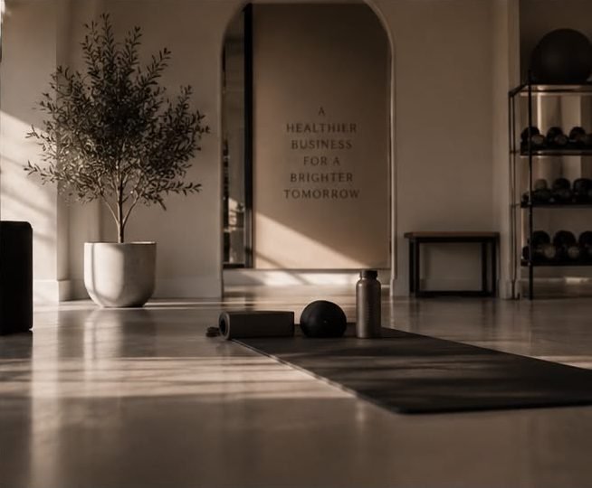 Pilates studio with an olive tree, mats and the words 'A healthier business for a brighter tomorrow' on the wall