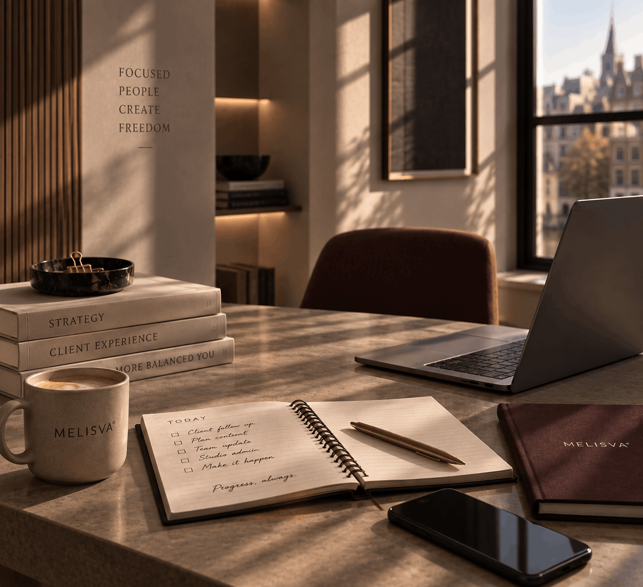 Melisva workspace with laptop, mug, notebook and warm afternoon light