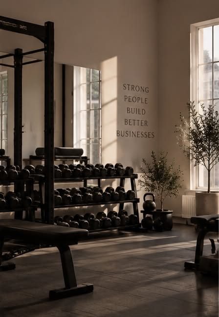Dumbbell rack and bench in a light gym, with the words 'Strong people build better businesses' on the wall
