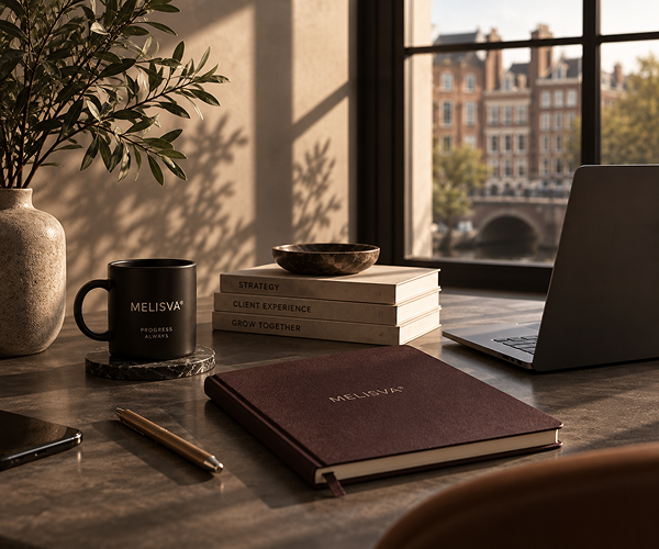 Warm Melisva workspace with branded notebook, laptop, mug and Amsterdam light